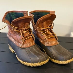 L.L. Bean Leather and Rubber Winter Boots with Plaid Inside